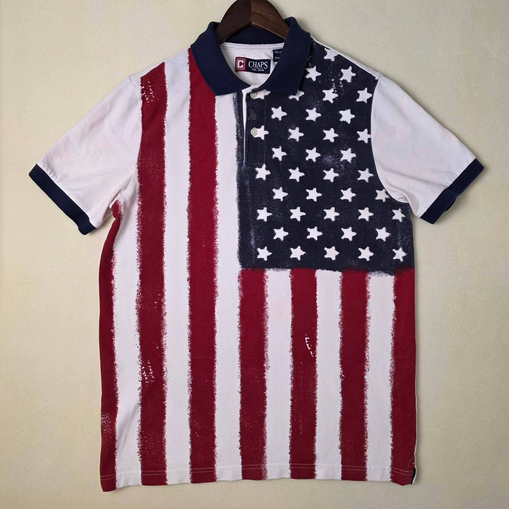 Chaps Men's American Flag Polo Shirt Small Short Sleeve Cotton USA Stars Stripes